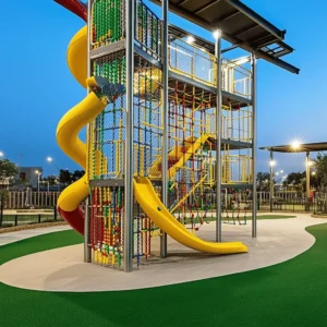El Parque Araña es un lugar único. Este parque cuenta con un equipamiento especial llamado Parque Araña Acrobático. Este diseño tiene una estructura de acero muy fuerte, ideal para el aire libre. Las redes de escalada están hechas de cuerdas que resisten el sol y la lluvia. Los colores vivos de su diseño atraen a los niños.