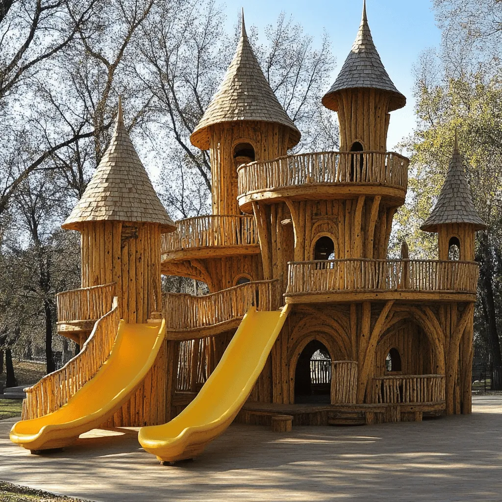 El Parque Castillo es un lugar lleno de magia y diversión. Aquí, cada rincón cuenta una historia. La estructura principal es un castillo de fantasía hecho de madera de pino tratada. Este material resiste bien al clima, así que no hay que preocuparse por la lluvia o el sol.