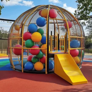 Un parque de bolas es un lugar lleno de diversión. Tiene una gran estructura con muchas bolas de colores. Los niños pueden saltar, escalar y jugar en un espacio seguro. Este tipo de parque ofrece un ambiente divertido y activo. Los padres pueden relajarse mientras los niños se divierten.