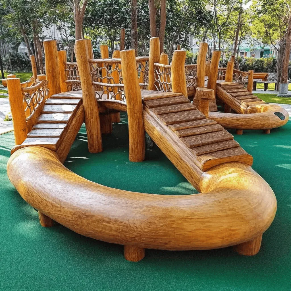 Los parques de madera son espacios mágicos donde los niños pueden jugar y explorar. Estos parques están hechos de madera, que es un material natural y bonito. A los niños les encanta trepar, deslizarse y correr en estos entornos. La madera se integra bien con la naturaleza y hace que el área se vea genial.