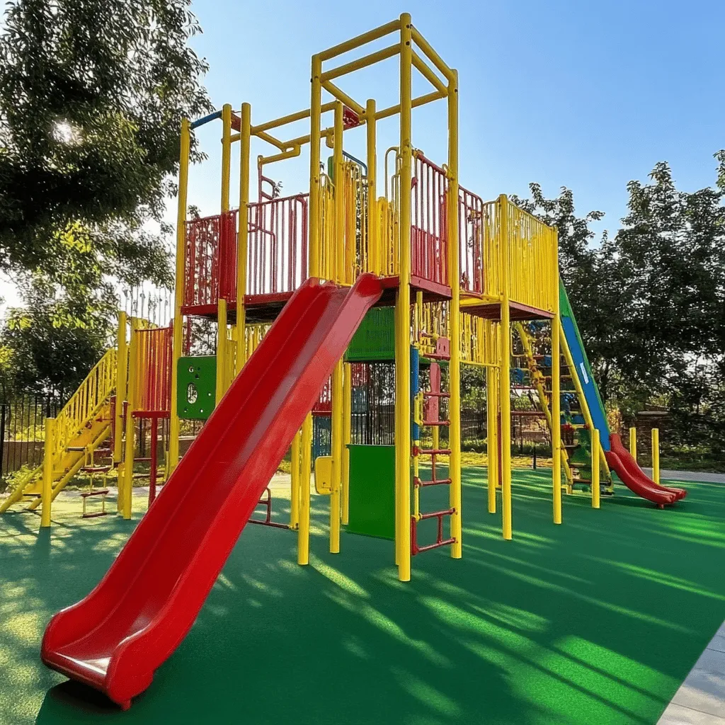 Un parque infantil colorido es un lugar mágico. Los colores brillantes atraen a los niños y hacen que se sientan felices. Un entorno colorido ayuda a que los niños crezcan bien. Los colores estimulan su mente y les invitan a jugar.